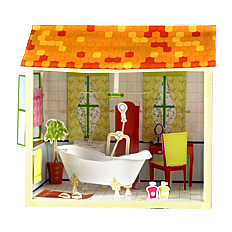 Maqueta 3D de un cuarto de baño de una casa de muñecas.