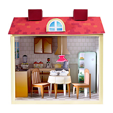 Maqueta 3D de una cocina de casa de muñecas.